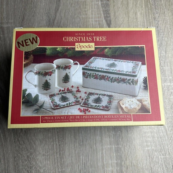 Spode 5 Piece Tin Christmas Tree Set ~ 12oz Cups Coasters Tin NEW w/Box - Picture 5 of 12